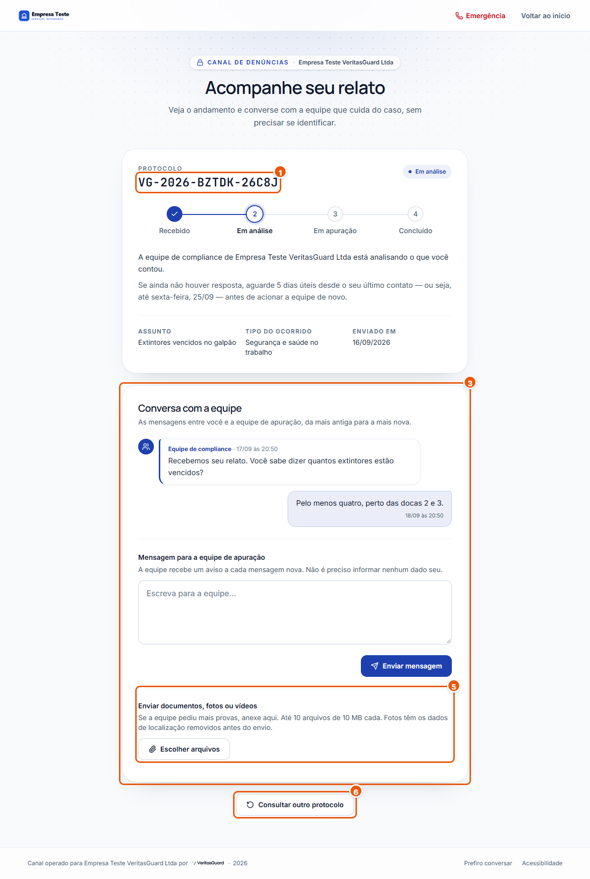 Tela de acompanhamento do relato, com o protocolo, a linha de andamento, o que foi relatado e a conversa com a área responsável