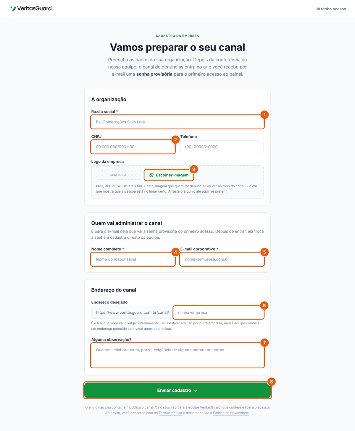 Formulário de cadastro da empresa, com os campos numerados de 1 a 8