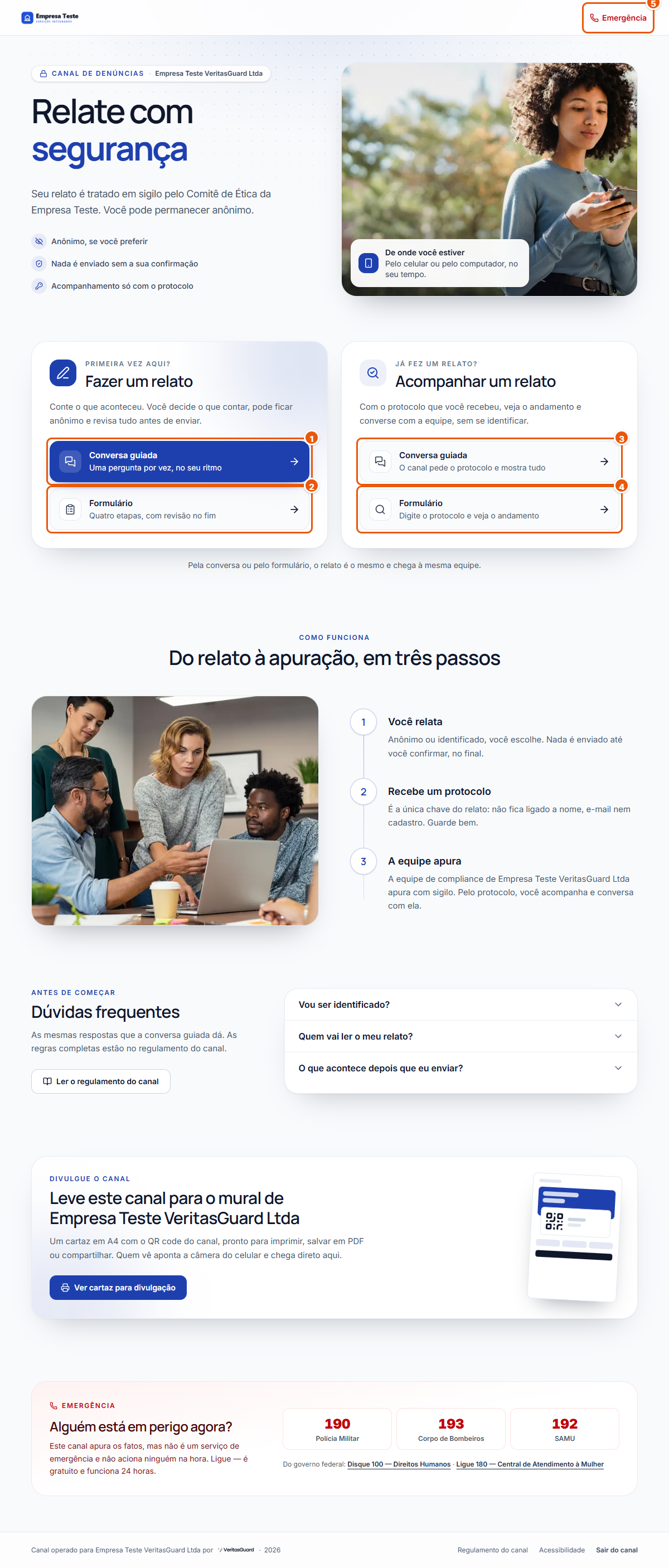 Entrada do canal de denúncias da Empresa Teste, com o logo e a cor da empresa e os cinco caminhos numerados: conversa guiada e formulário para relatar, conversa guiada e formulário para acompanhar, e emergência