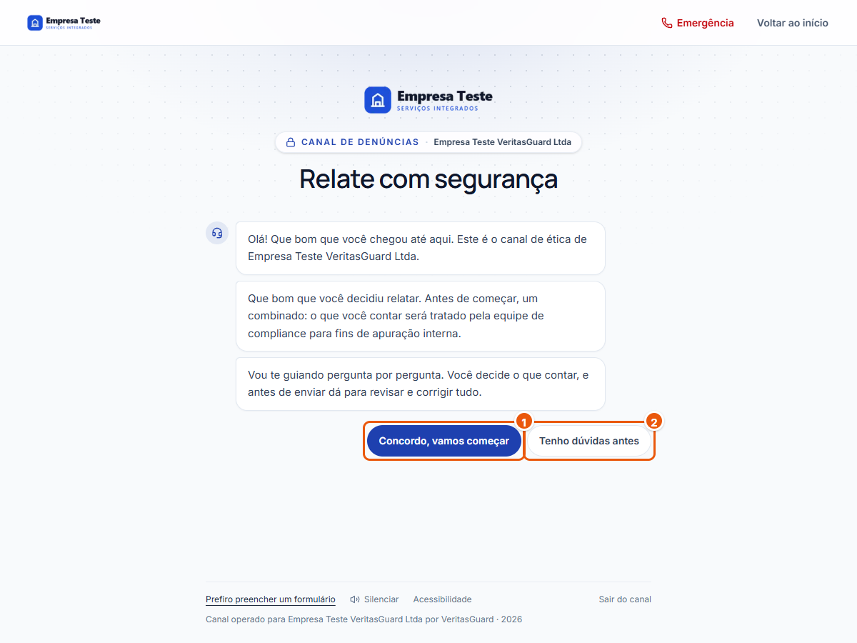 Primeira tela da conversa guiada, com o combinado e os botões Concordo, vamos começar e Tenho dúvidas antes