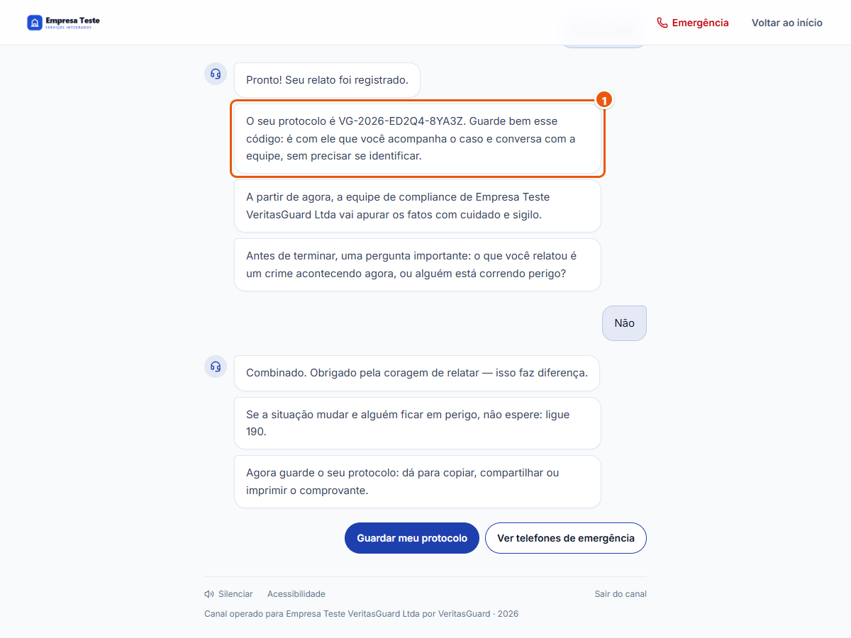 Mensagem de confirmação com o protocolo do relato destacado