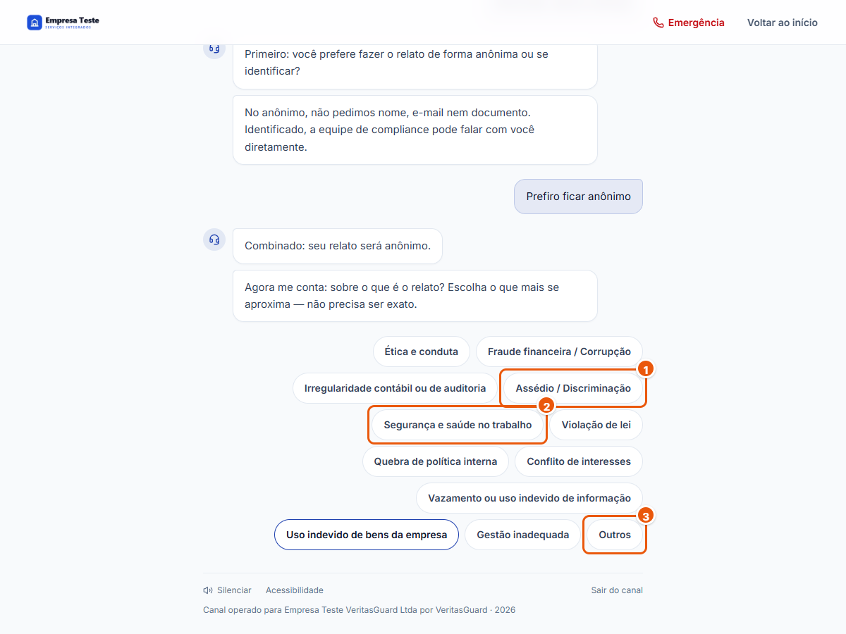 Lista de tipos de ocorrência, com Assédio / Discriminação, Segurança e saúde no trabalho e Outros marcados