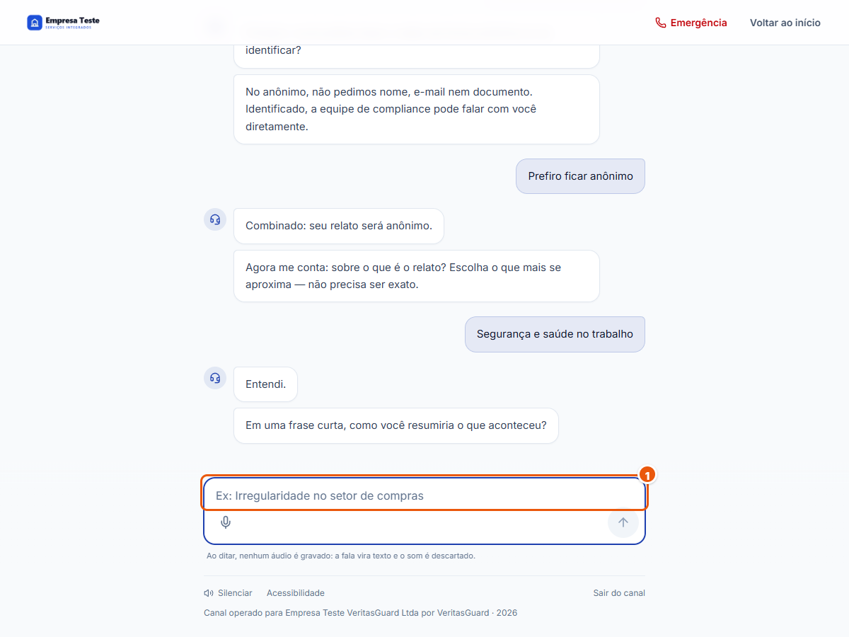 Campo para resumir em uma frase o que aconteceu