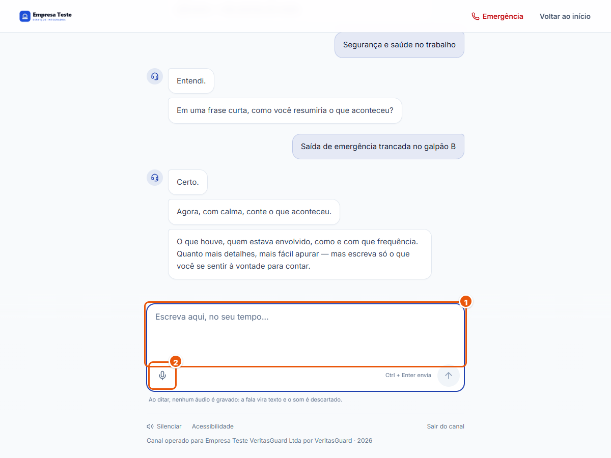 Campo de texto para contar o que aconteceu, com o botão de ditar