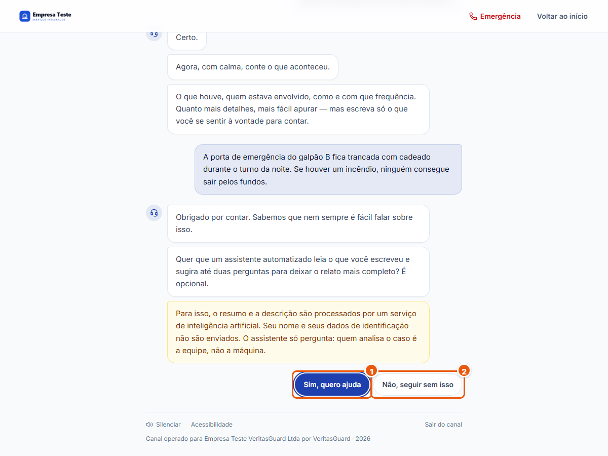 Oferta do assistente: Sim, quero ajuda ou Não, seguir sem isso