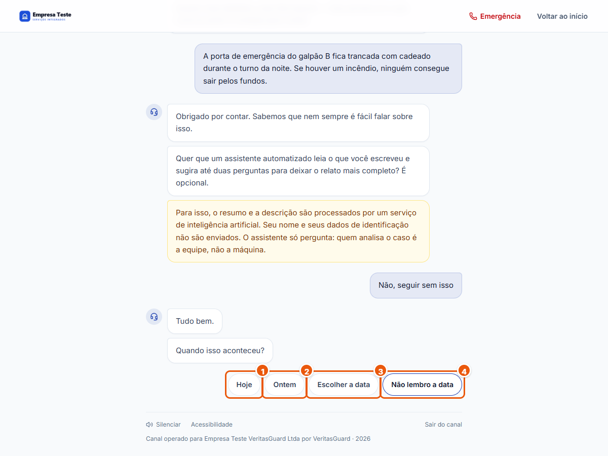 Pergunta sobre quando aconteceu, com as opções Hoje, Ontem, Escolher a data e Não lembro a data