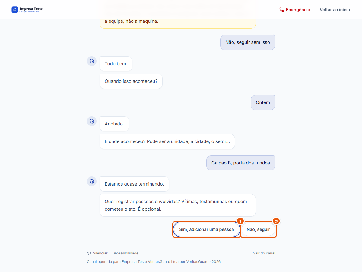 Pergunta sobre registrar pessoas envolvidas, com as opções Sim, adicionar uma pessoa e Não, seguir