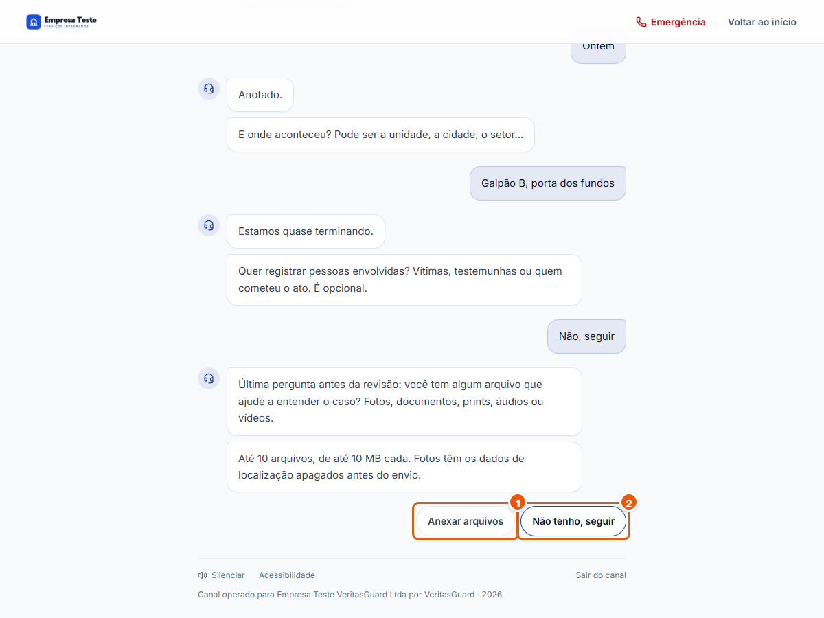 Pergunta sobre anexar arquivos, com os botões Anexar arquivos e Não tenho, seguir