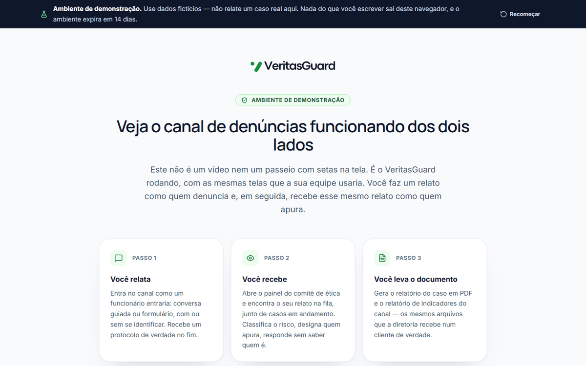 Tela inicial do ambiente de demonstração, com os botões Fazer um relato de teste, Abrir o painel do comitê e Ler o regulamento