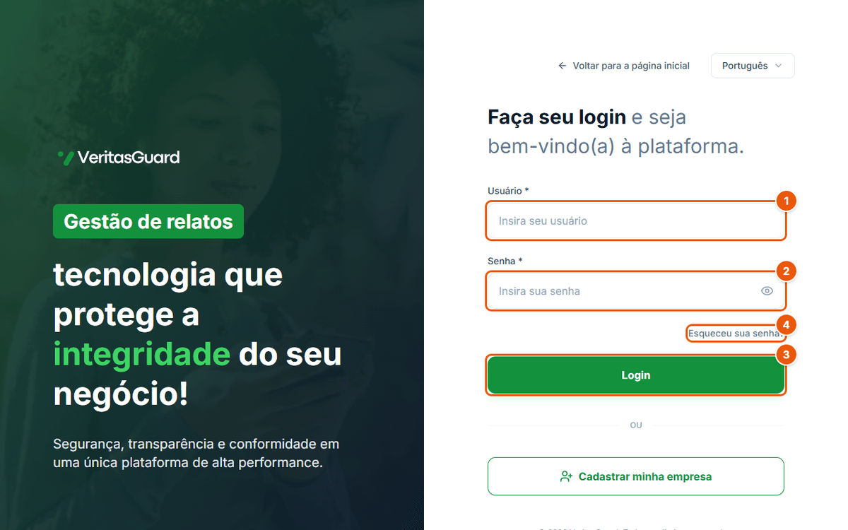 Tela de login do painel, com os campos de usuário e senha e o botão Login