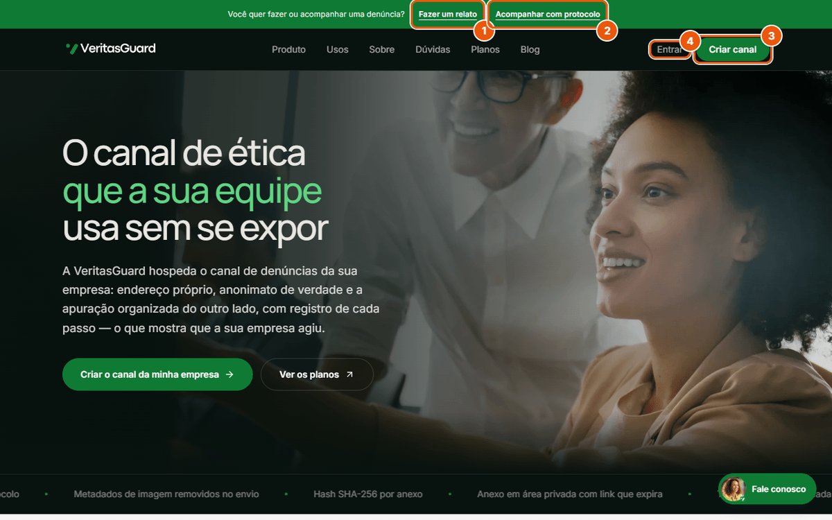 Página inicial do VeritasGuard, com os atalhos para fazer um relato, acompanhar um relato, criar o canal e entrar no painel