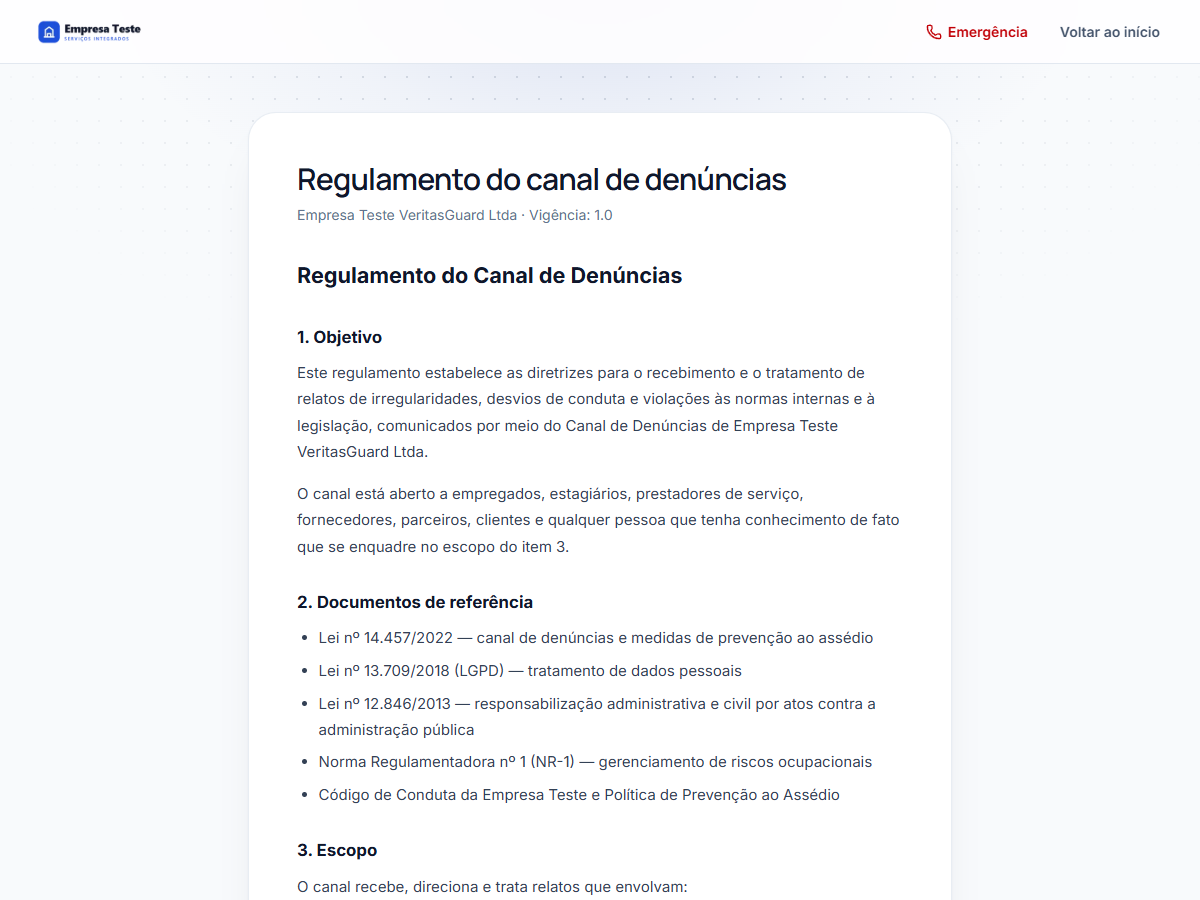 Página do regulamento do canal