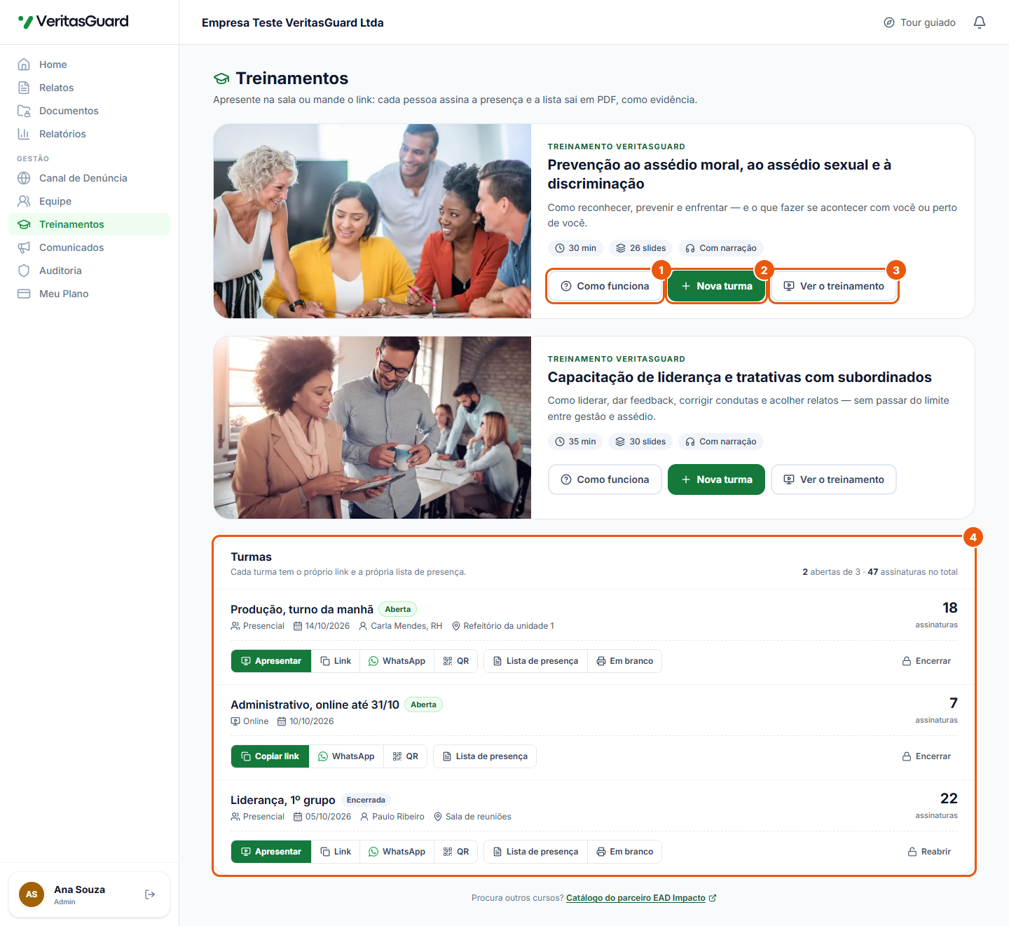 Tela Treinamentos, com os dois cartões de treinamento, os botões Como funciona, Nova turma e Ver o treinamento, e a lista de turmas com o número de assinaturas